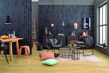 Obývací pokoj – obklad z antracitového klinkeru